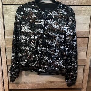 Sanctuary Black and Silver Bomber Jacket with Ribbed Accents